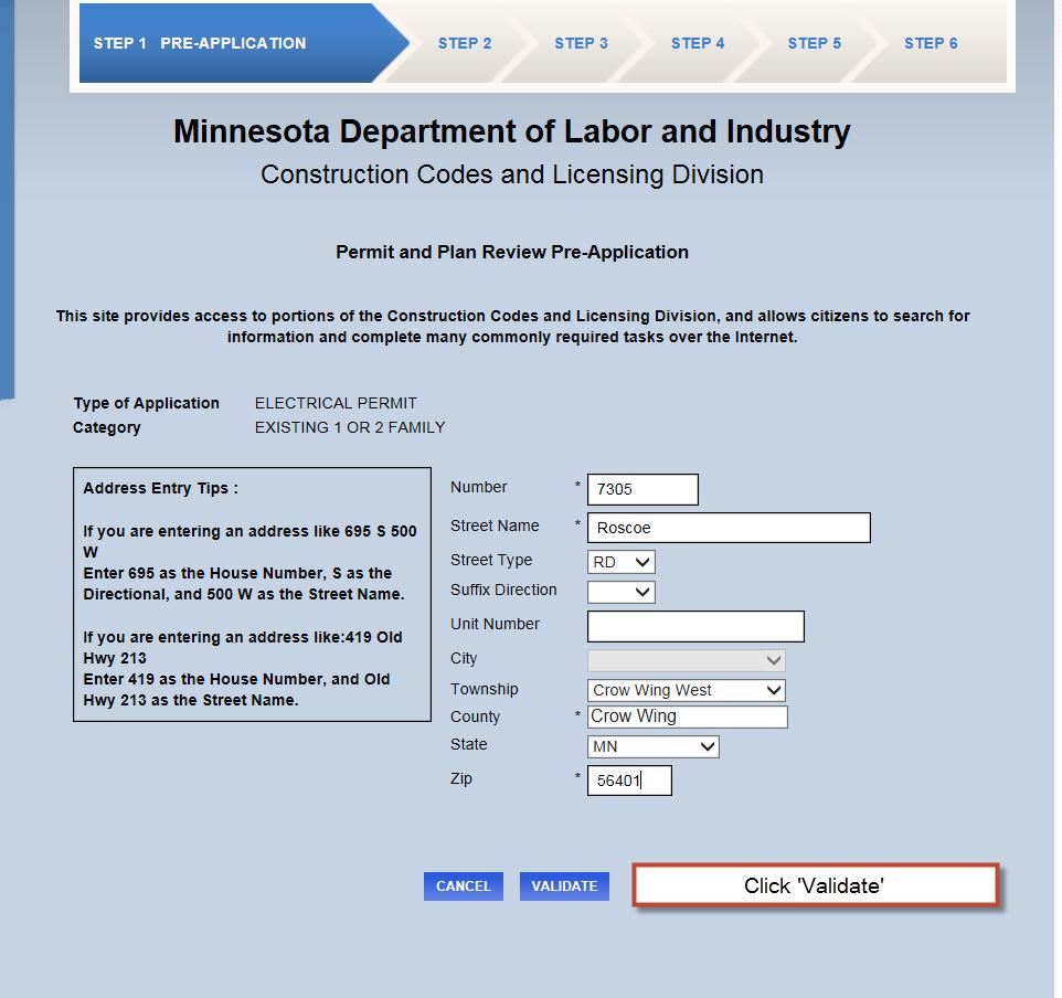 County will auto populate based on the Township or City Entered After the jobsite address is entered, click Validate The system will