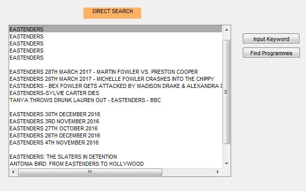 CHAPTER SIX SYSTEM EVALUATION Fig. 6.20 Resulted List of Programmes from the Direct Search Operation This list of programmes includes programmes from all of the connected online content sources.