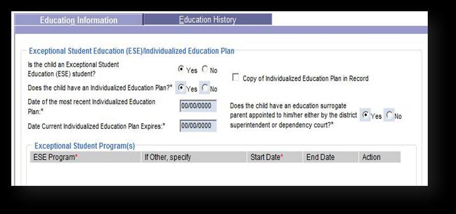 4. If the IEP is a Transitional IEP, select the Yes radio button. 5. Enter the date of the child s most recent Individualized Plan in the Date of the most recent Individualized Plan field. 6.