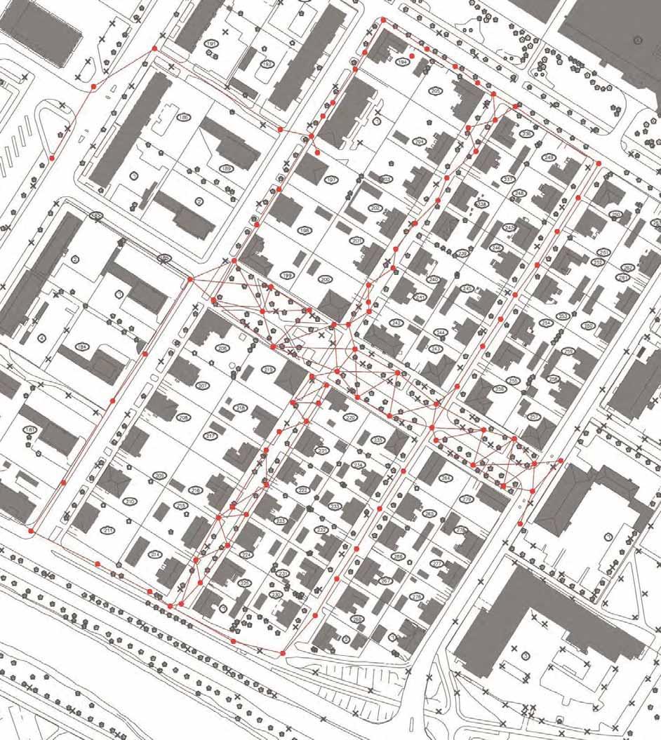 THE SURVEY PROJECT: scan positions and resolution of the point cloud 0 10 30 50 80 100 mt The survey of Raksila has involved the main streets of the area in order to get a general but detailed