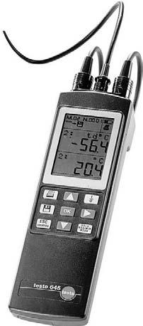 testo 645 The testo 645 humidity measuring instrument automatically displays the parameters relative humidity, absolute humidity, dew point, degree of humidity, enthalpy and temperature.